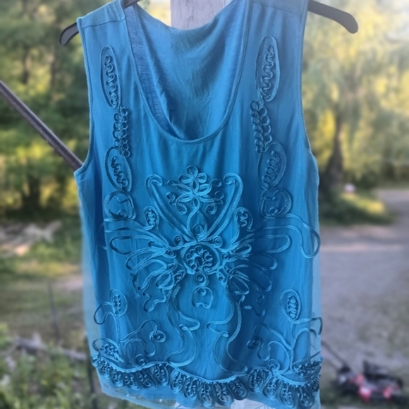 Embroidered Blue Turquoise Sleeveless Tank Top - Picture 1 of 5